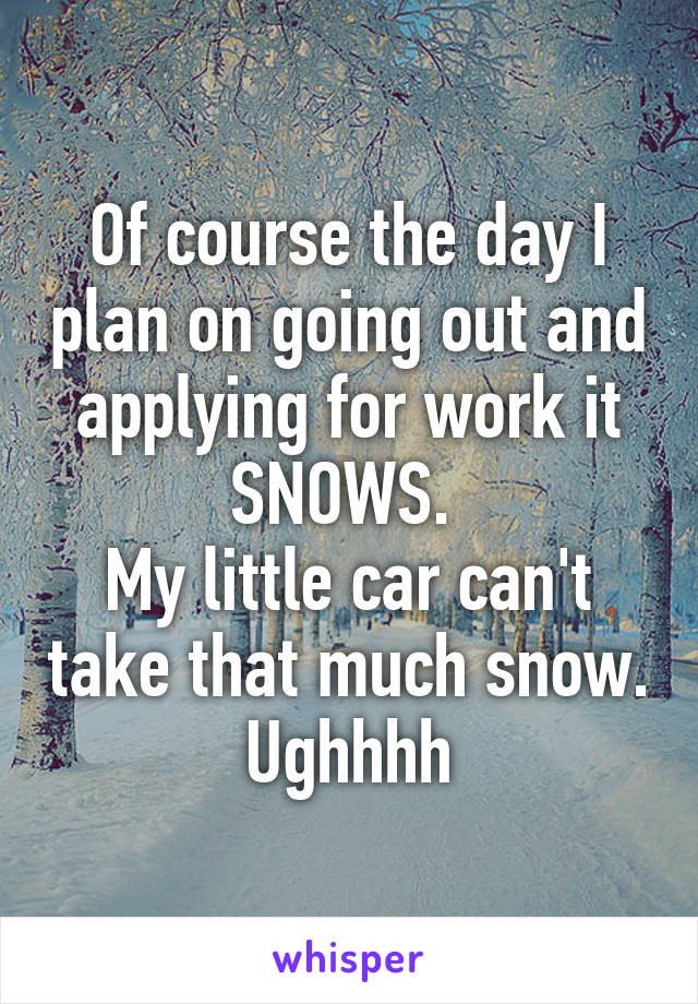 Of course the day I plan on going out and applying for work it SNOWS. 
My little car can't take that much snow. Ughhhh