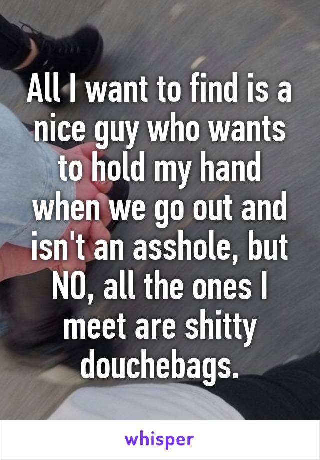 All I want to find is a nice guy who wants to hold my hand when we go out and isn't an asshole, but NO, all the ones I meet are shitty douchebags.