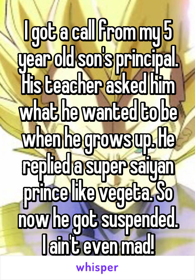 I got a call from my 5 year old son's principal. His teacher asked him what he wanted to be when he grows up. He replied a super saiyan prince like vegeta. So now he got suspended.
I ain't even mad!