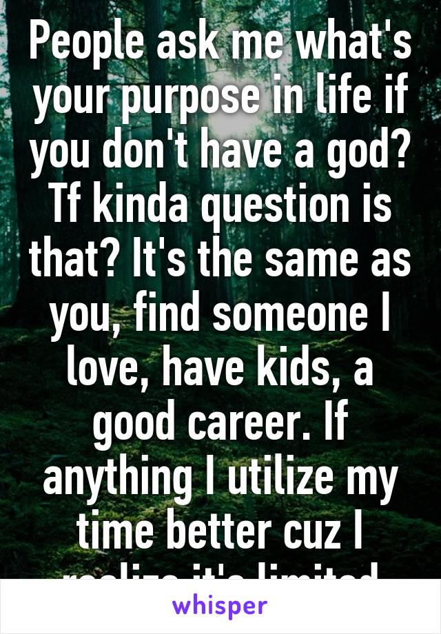 People ask me what's your purpose in life if you don't have a god?
Tf kinda question is that? It's the same as you, find someone I love, have kids, a good career. If anything I utilize my time better cuz I realize it's limited