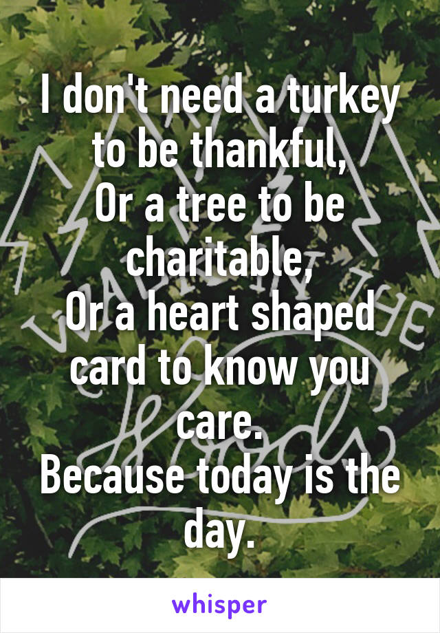 I don't need a turkey to be thankful,
Or a tree to be charitable,
Or a heart shaped card to know you care.
Because today is the day.