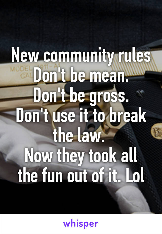 New community rules
Don't be mean.
Don't be gross.
Don't use it to break the law. 
Now they took all the fun out of it. Lol