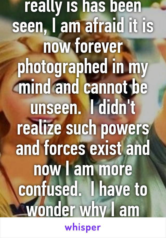 Once the world as it really is has been seen, I am afraid it is now forever photographed in my mind and cannot be unseen.  I didn't realize such powers and forces exist and now I am more confused.  I have to wonder why I am special enough to see what really is