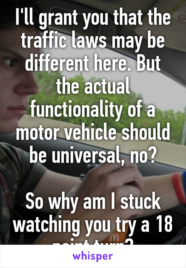 I'll grant you that the traffic laws may be different here. But the actual functionality of a motor vehicle should be universal, no?

So why am I stuck watching you try a 18 point turn?