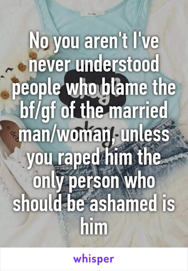 No you aren't I've never understood people who blame the bf/gf of the married man/woman, unless you raped him the only person who should be ashamed is him