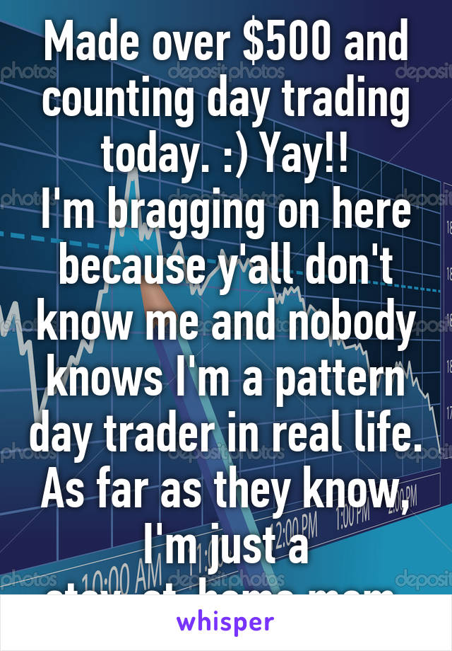 Made over $500 and counting day trading today. :) Yay!!
I'm bragging on here because y'all don't know me and nobody knows I'm a pattern day trader in real life. As far as they know, I'm just a stay-at-home mom.