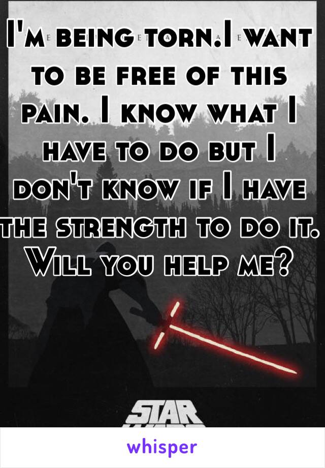 I'm being torn.I want to be free of this pain. I know what I have to do but I don't know if I have the strength to do it. Will you help me?  