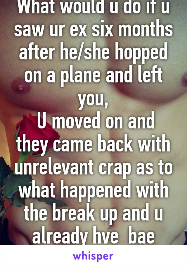 What would u do if u saw ur ex six months after he/she hopped on a plane and left you,
 U moved on and they came back with unrelevant crap as to what happened with the break up and u already hve  bae
