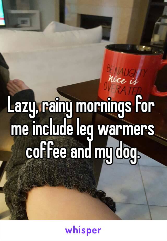 Lazy, rainy mornings for me include leg warmers coffee and my dog.