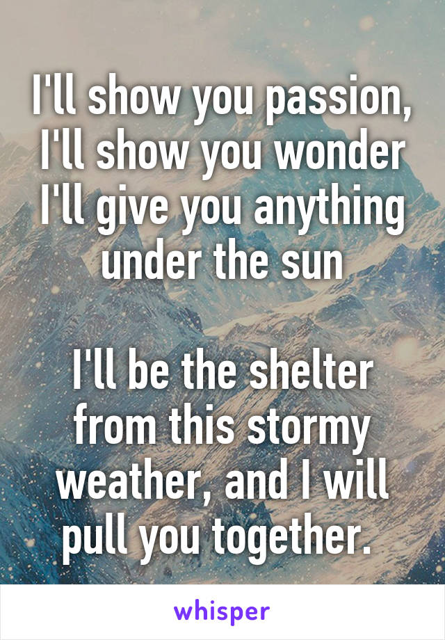 I'll show you passion, I'll show you wonder
I'll give you anything under the sun

I'll be the shelter from this stormy weather, and I will pull you together. 