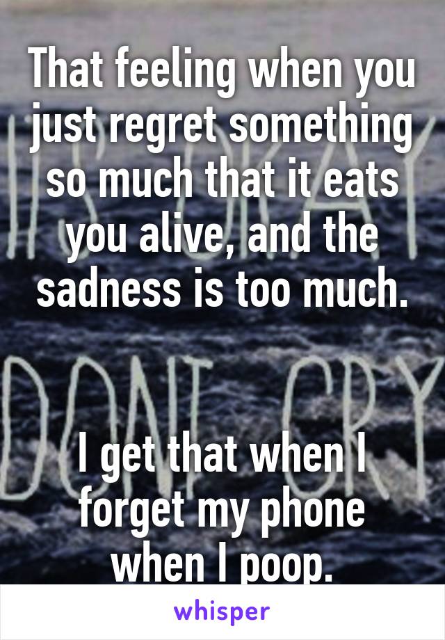 That feeling when you just regret something so much that it eats you alive, and the sadness is too much.


I get that when I forget my phone when I poop.