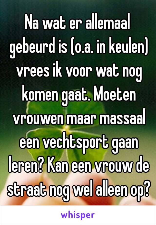 Na wat er allemaal gebeurd is (o.a. in keulen) vrees ik voor wat nog komen gaat. Moeten vrouwen maar massaal een vechtsport gaan leren? Kan een vrouw de straat nog wel alleen op?