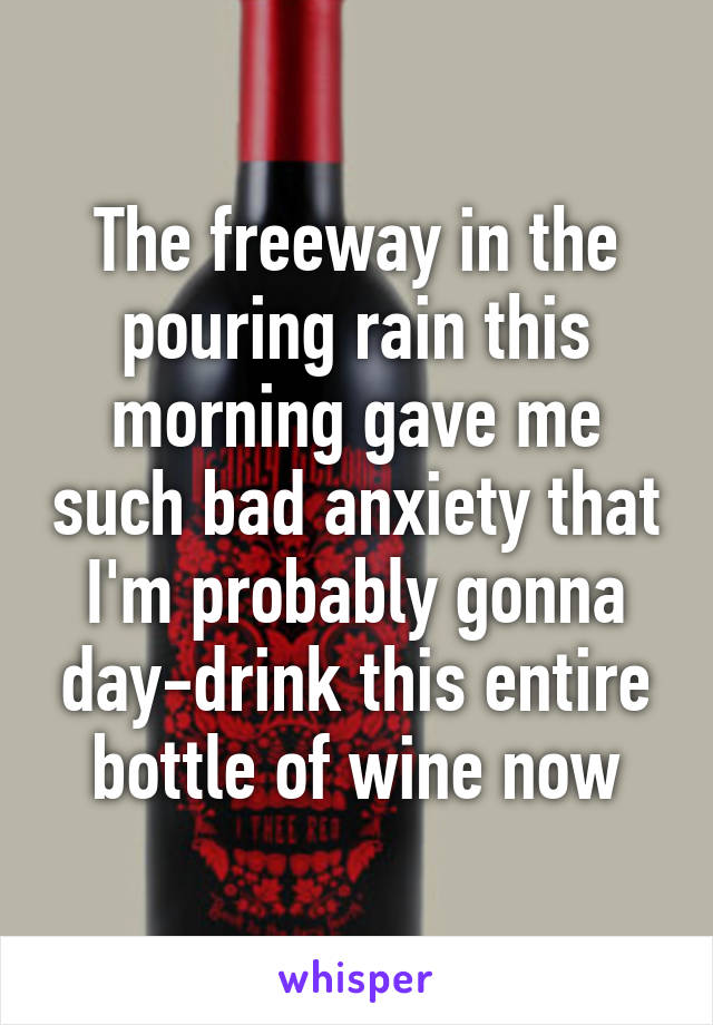 The freeway in the pouring rain this morning gave me such bad anxiety that I'm probably gonna day-drink this entire bottle of wine now