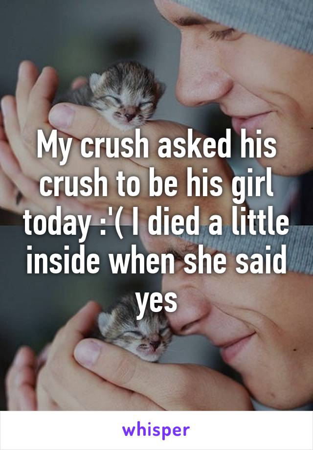 My crush asked his crush to be his girl today :'( I died a little inside when she said yes