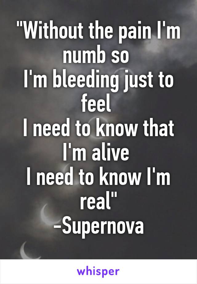 "Without the pain I'm numb so 
I'm bleeding just to feel 
I need to know that I'm alive 
I need to know I'm real"
-Supernova
