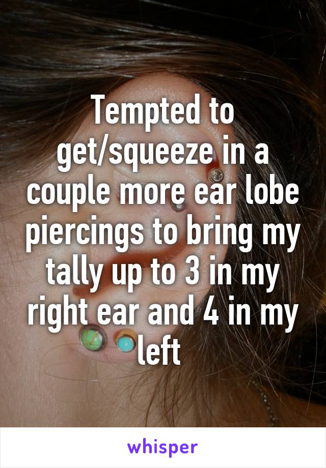 Tempted to get/squeeze in a couple more ear lobe piercings to bring my tally up to 3 in my right ear and 4 in my left 