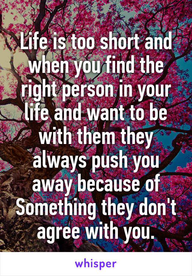 Life is too short and when you find the right person in your life and want to be with them they always push you away because of Something they don't agree with you.