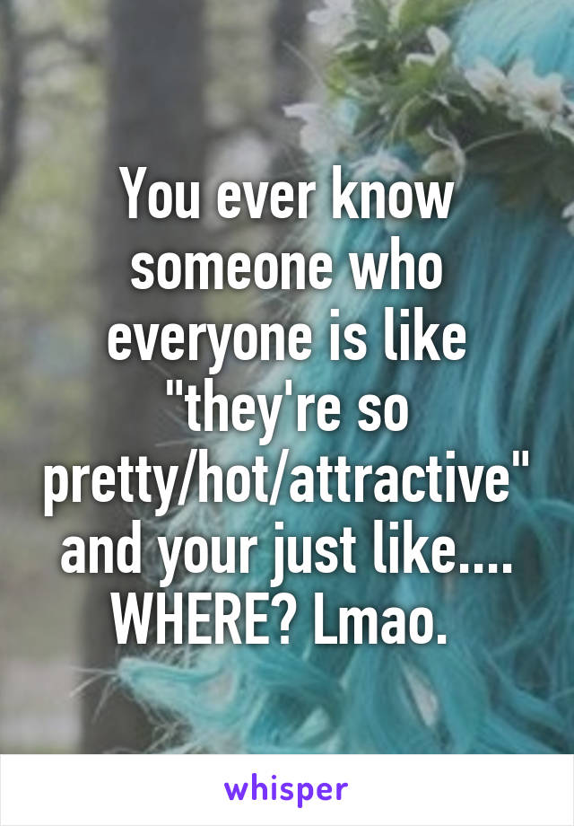 You ever know someone who everyone is like "they're so pretty/hot/attractive" and your just like.... WHERE? Lmao. 