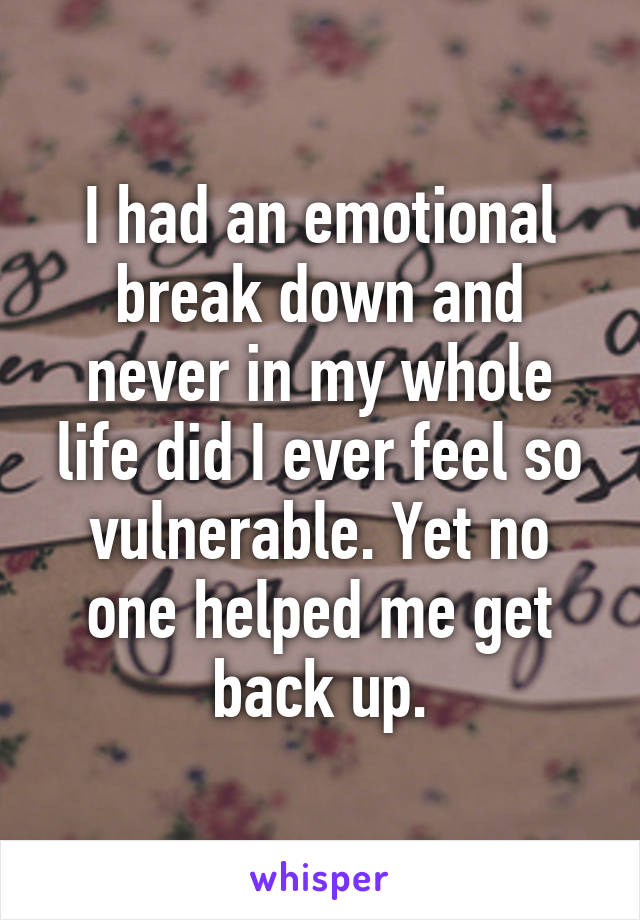 I had an emotional break down and never in my whole life did I ever feel so vulnerable. Yet no one helped me get back up.