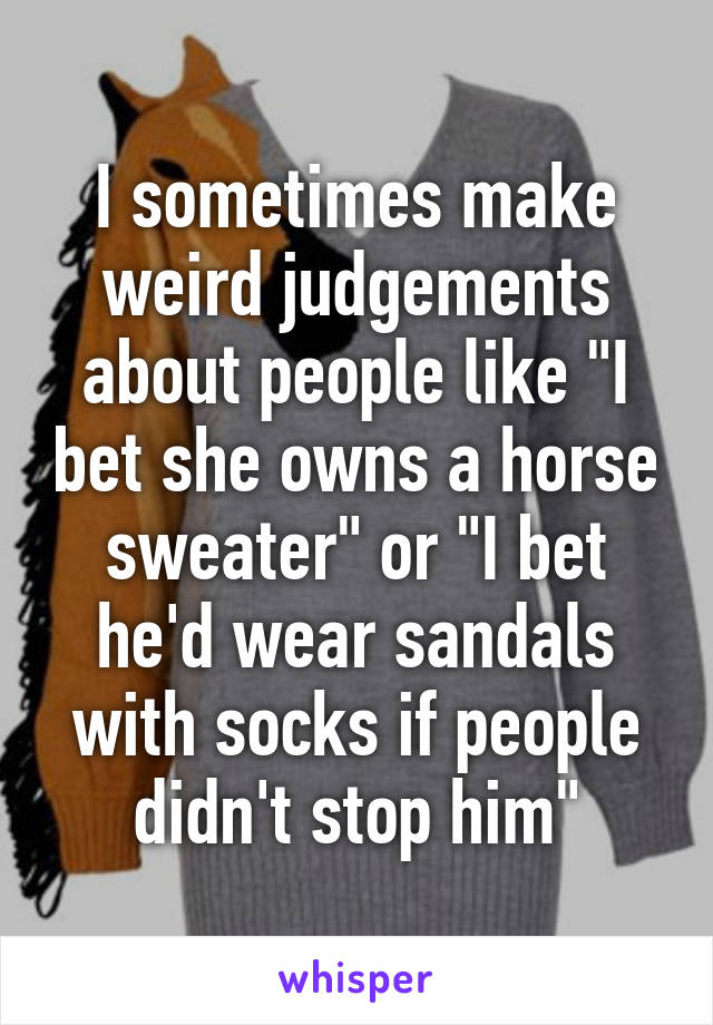 I sometimes make weird judgements about people like "I bet she owns a horse sweater" or "I bet he'd wear sandals with socks if people didn't stop him"