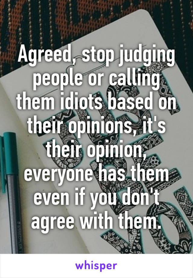 Agreed, stop judging people or calling them idiots based on their opinions, it's their opinion, everyone has them even if you don't agree with them.