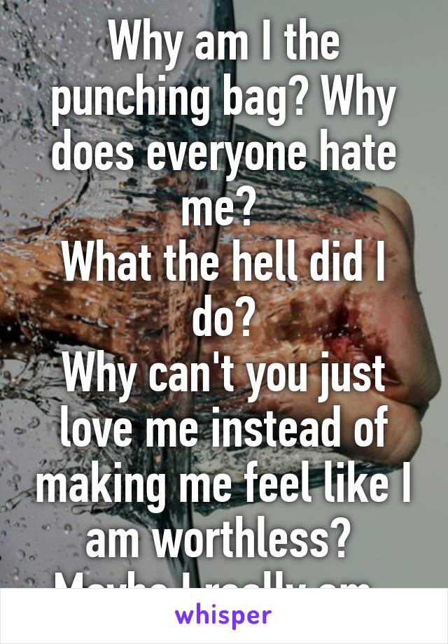 Why am I the punching bag? Why does everyone hate me? 
What the hell did I do?
Why can't you just love me instead of making me feel like I am worthless? 
Maybe I really am. 