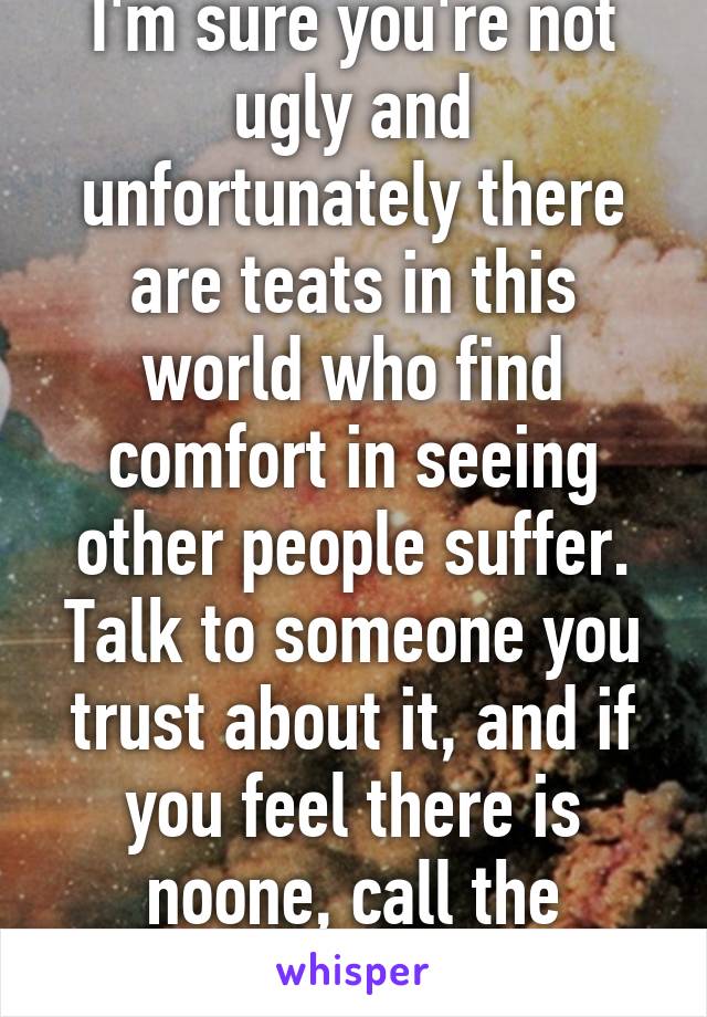 I'm sure you're not ugly and unfortunately there are teats in this world who find comfort in seeing other people suffer. Talk to someone you trust about it, and if you feel there is noone, call the samaritans x