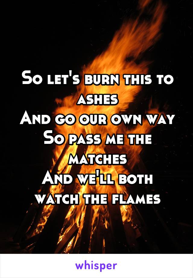 So let's burn this to ashes
And go our own way
So pass me the matches
And we'll both watch the flames