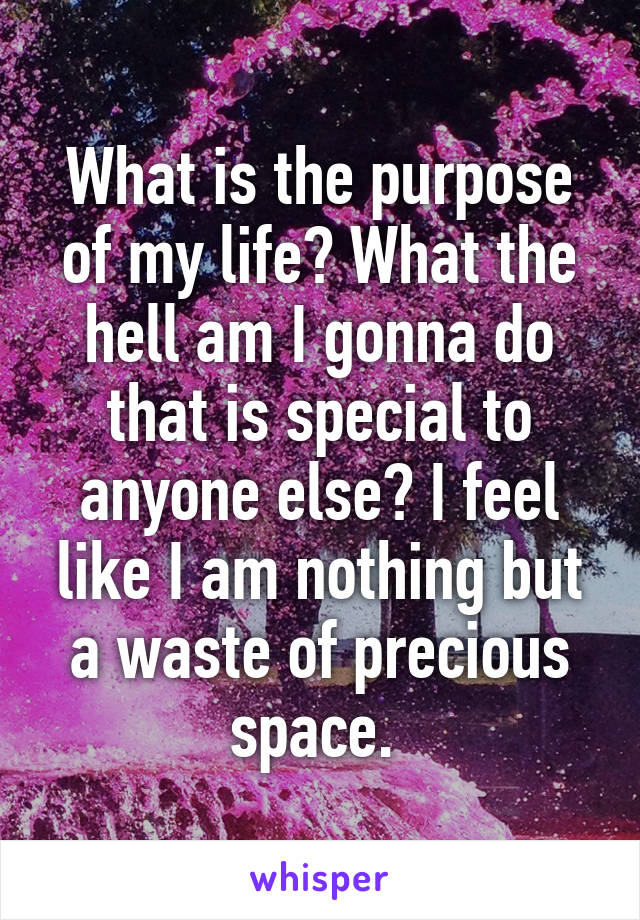 What is the purpose of my life? What the hell am I gonna do that is special to anyone else? I feel like I am nothing but a waste of precious space. 