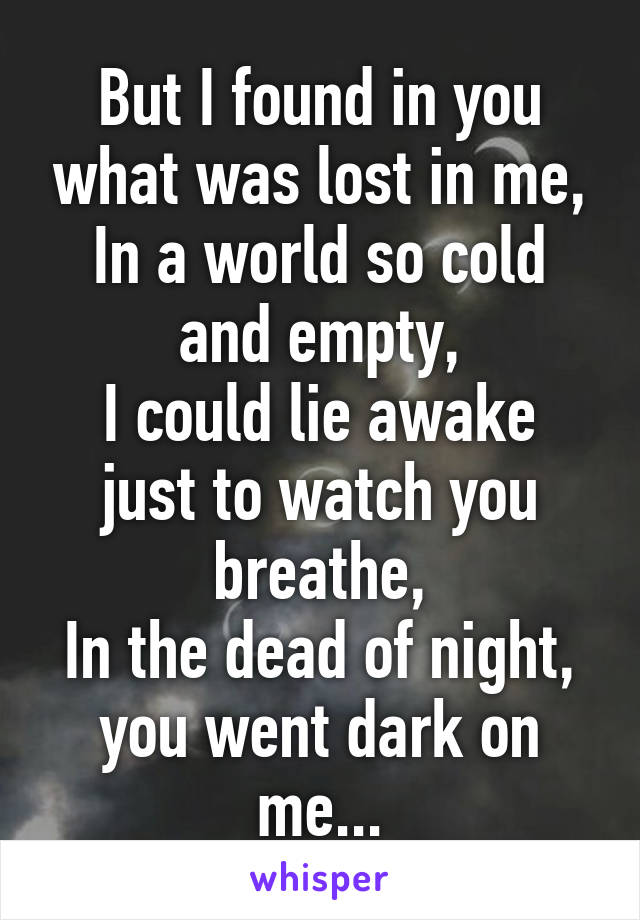 But I found in you what was lost in me,
In a world so cold and empty,
I could lie awake just to watch you breathe,
In the dead of night, you went dark on me...