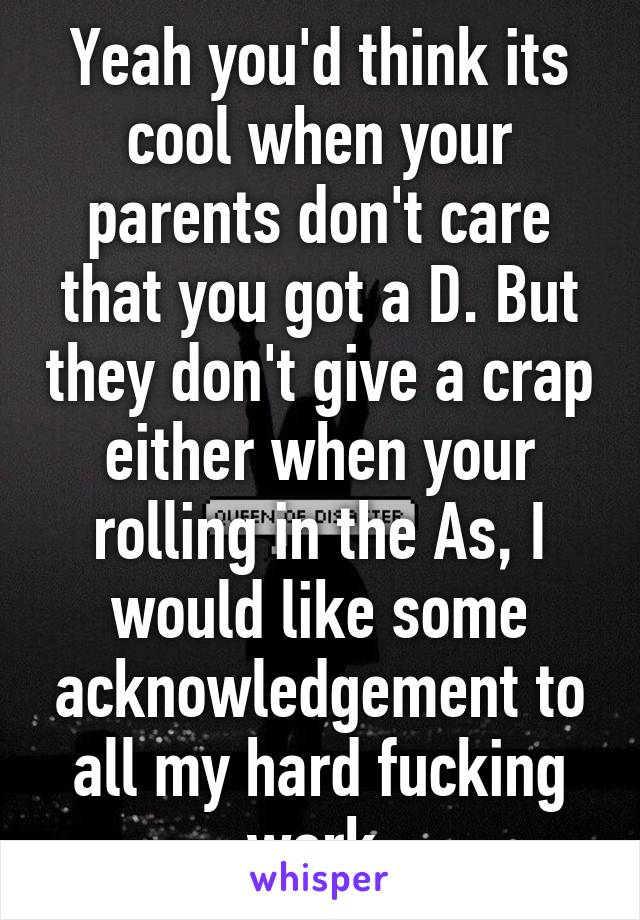 Yeah you'd think its cool when your parents don't care that you got a D. But they don't give a crap either when your rolling in the As, I would like some acknowledgement to all my hard fucking work.