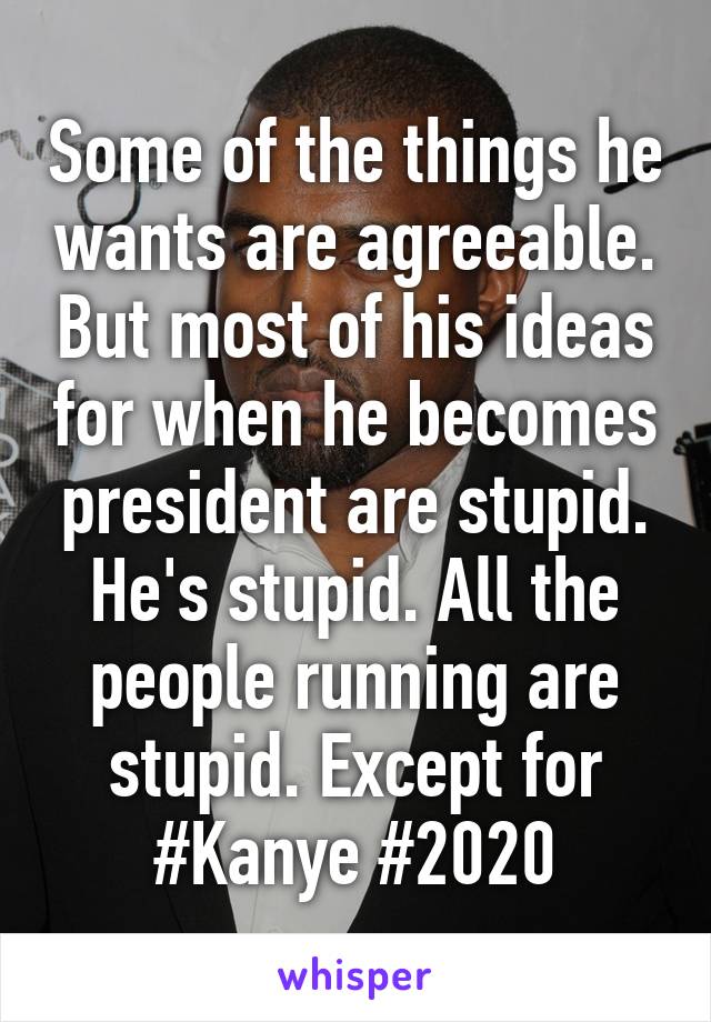 Some of the things he wants are agreeable. But most of his ideas for when he becomes president are stupid. He's stupid. All the people running are stupid. Except for #Kanye #2020