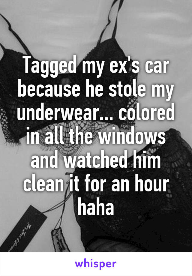 Tagged my ex's car because he stole my underwear... colored in all the windows and watched him clean it for an hour haha