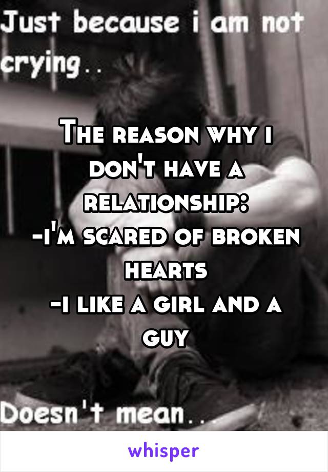 The reason why i don't have a relationship:
-i'm scared of broken hearts
-i like a girl and a guy