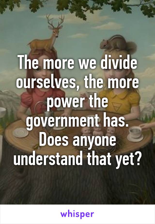 The more we divide ourselves, the more power the government has. Does anyone understand that yet?