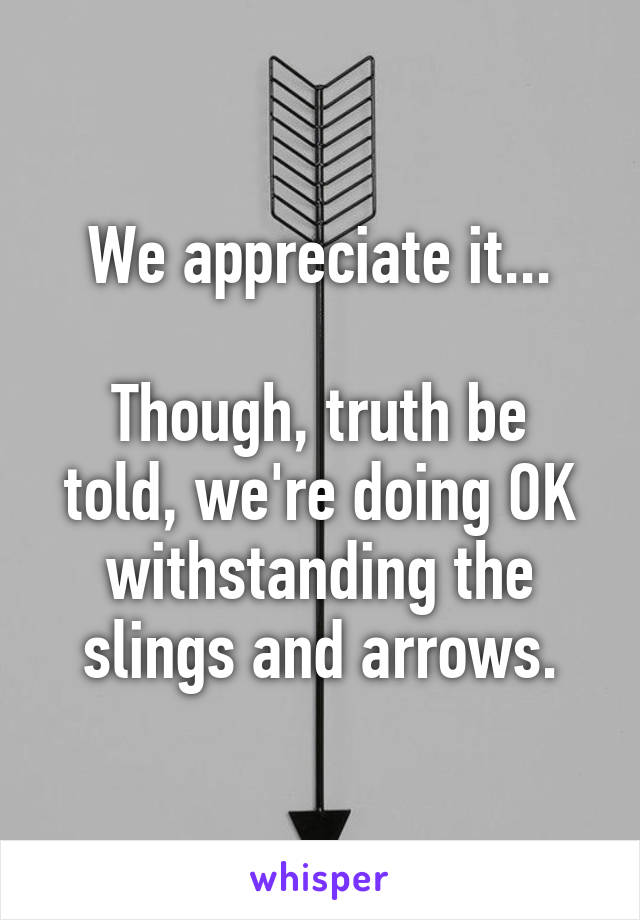 We appreciate it...

Though, truth be told, we're doing OK withstanding the slings and arrows.