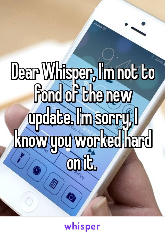 Dear Whisper, I'm not to fond of the new update. I'm sorry, I know you worked hard on it. 