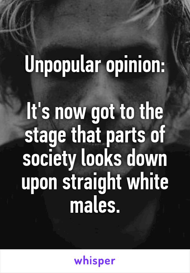 Unpopular opinion:

It's now got to the stage that parts of society looks down upon straight white males.