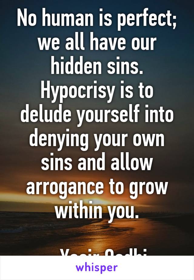 No human is perfect; we all have our hidden sins. Hypocrisy is to delude yourself into denying your own sins and allow arrogance to grow within you.

- Yasir Qadhi