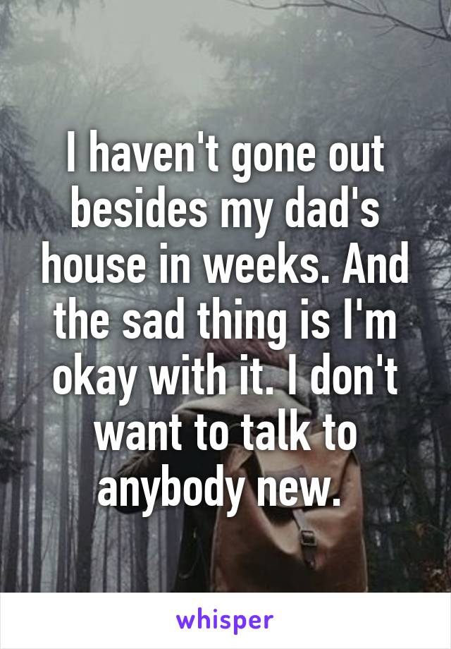 I haven't gone out besides my dad's house in weeks. And the sad thing is I'm okay with it. I don't want to talk to anybody new. 