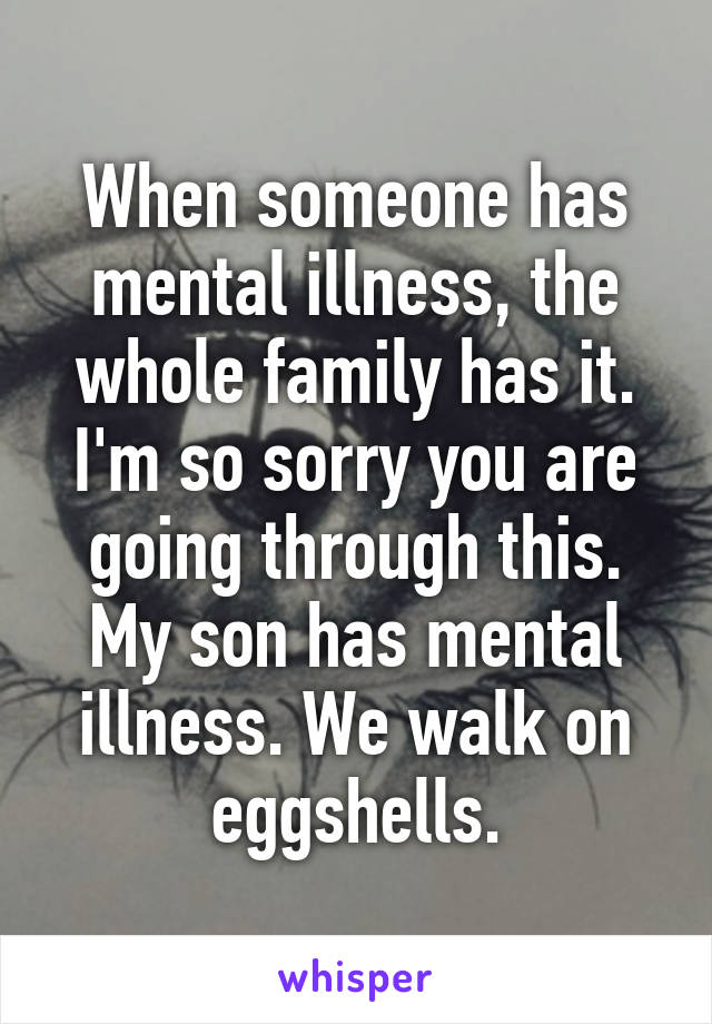 When someone has mental illness, the whole family has it. I'm so sorry you are going through this. My son has mental illness. We walk on eggshells.