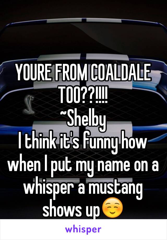 YOURE FROM COALDALE TOO??!!!!
~Shelby 
I think it's funny how when I put my name on a whisper a mustang shows up☺️
