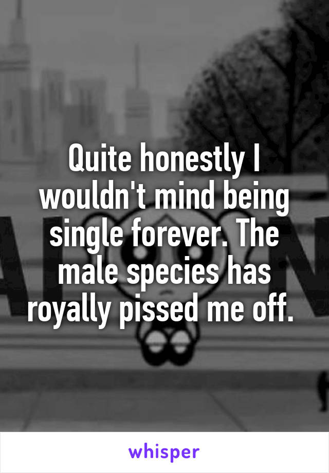 Quite honestly I wouldn't mind being single forever. The male species has royally pissed me off. 
