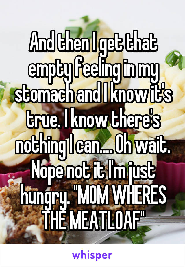And then I get that empty feeling in my stomach and I know it's true. I know there's nothing I can.... Oh wait. Nope not it I'm just hungry. "MOM WHERES THE MEATLOAF"