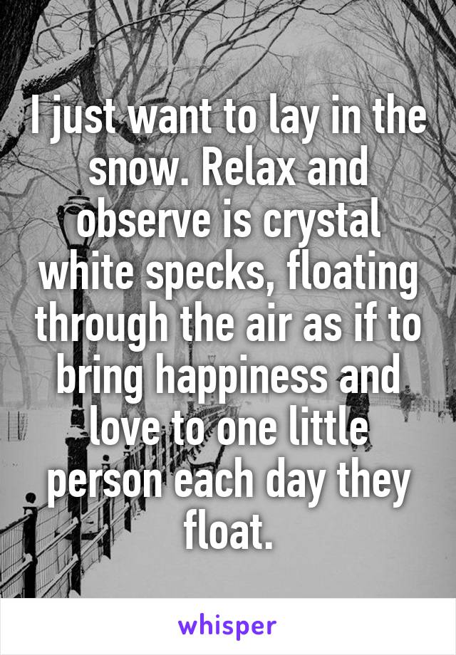 I just want to lay in the snow. Relax and observe is crystal white specks, floating through the air as if to bring happiness and love to one little person each day they float.
