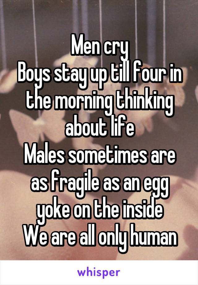 Men cry
Boys stay up till four in the morning thinking about life
Males sometimes are as fragile as an egg yoke on the inside
We are all only human