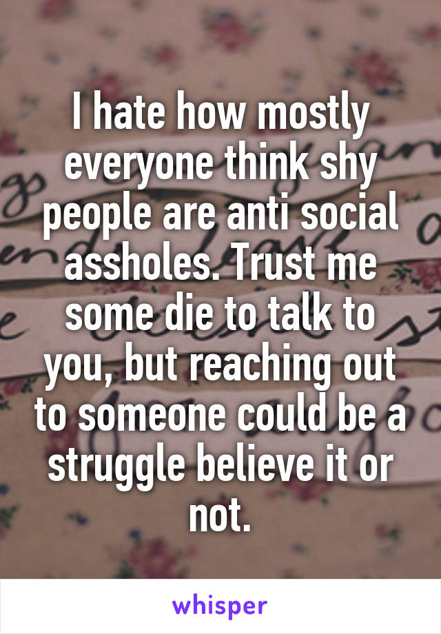 I hate how mostly everyone think shy people are anti social assholes. Trust me some die to talk to you, but reaching out to someone could be a struggle believe it or not.