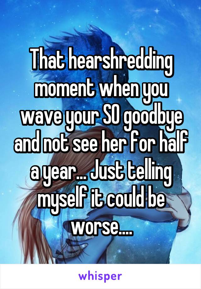 That hearshredding moment when you wave your SO goodbye and not see her for half a year... Just telling myself it could be worse....