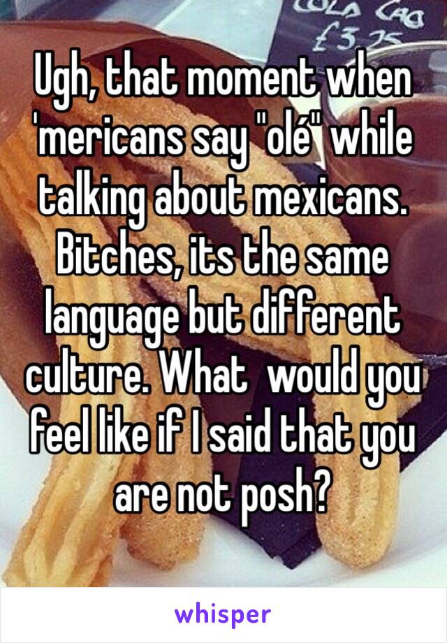 Ugh, that moment when 'mericans say "olé" while talking about mexicans. Bitches, its the same language but different culture. What  would you feel like if I said that you are not posh?
