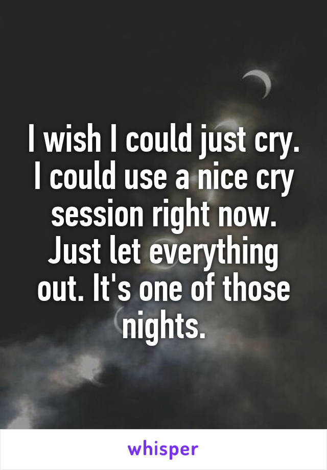 I wish I could just cry. I could use a nice cry session right now. Just let everything out. It's one of those nights.